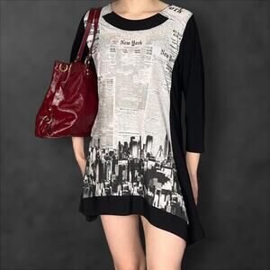 Y2K Newspaper Print Mini Dress Black and White Medium